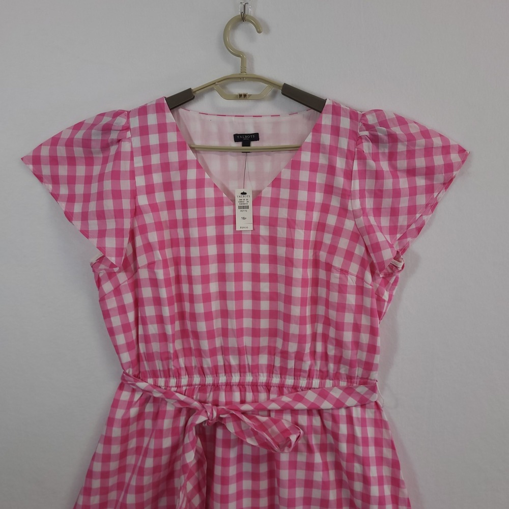 Talbots Gingham Flutter Sleeve Dress 16P Pink White Ruffle Tiered Midi NEW - Picture 8 of 13